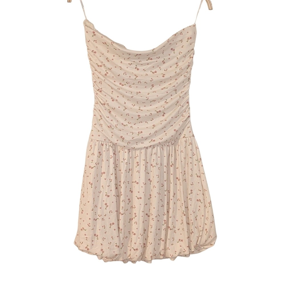 Heart & Hip Floral Ruched Strapless Bubble Hem Mini Dress Cream Pink M